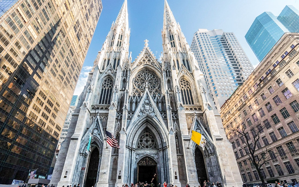 St. Patrick's Cathedral facade with Gothic architecture in New York City.