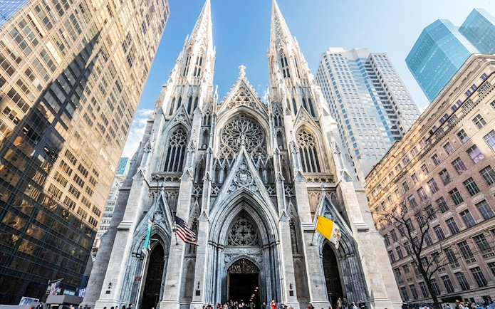 St. Patrick's Cathedral facade with Gothic architecture in New York City.