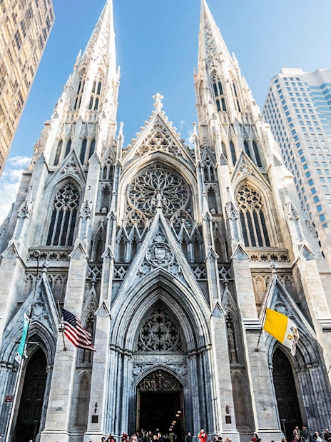 St. Patrick's Cathedral facade with Gothic architecture in New York City.