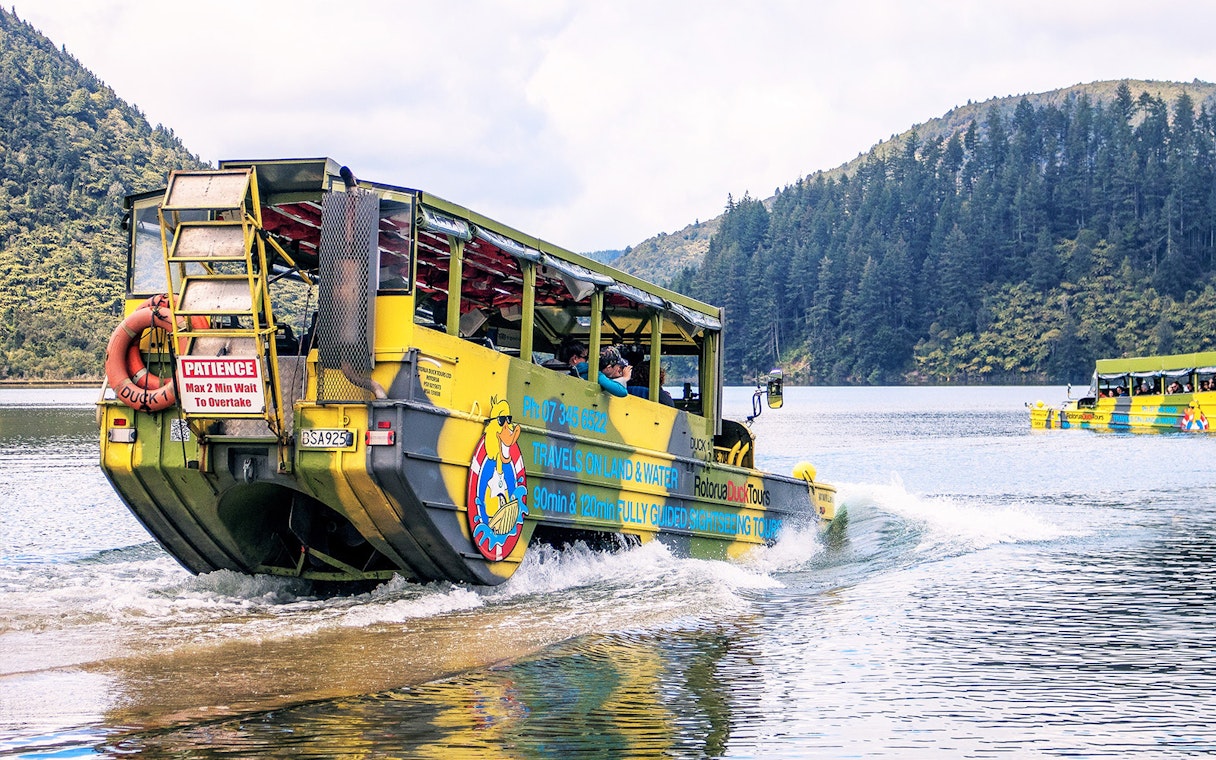 Amphibious tour vehicle entering lake during Rotorua City & Lakes Tour.