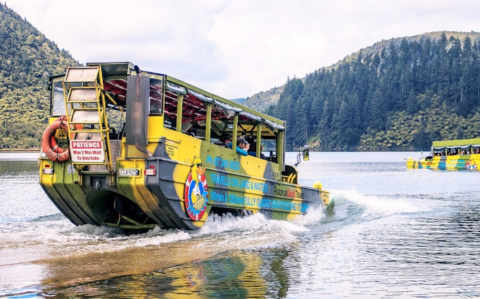 Amphibious tour vehicle entering lake during Rotorua City & Lakes Tour.