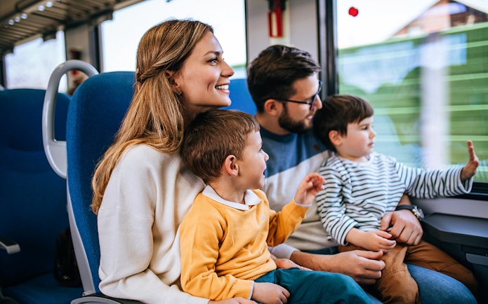 Family enjoying train ride to Harry Potter Warner Bros. Studio tour.