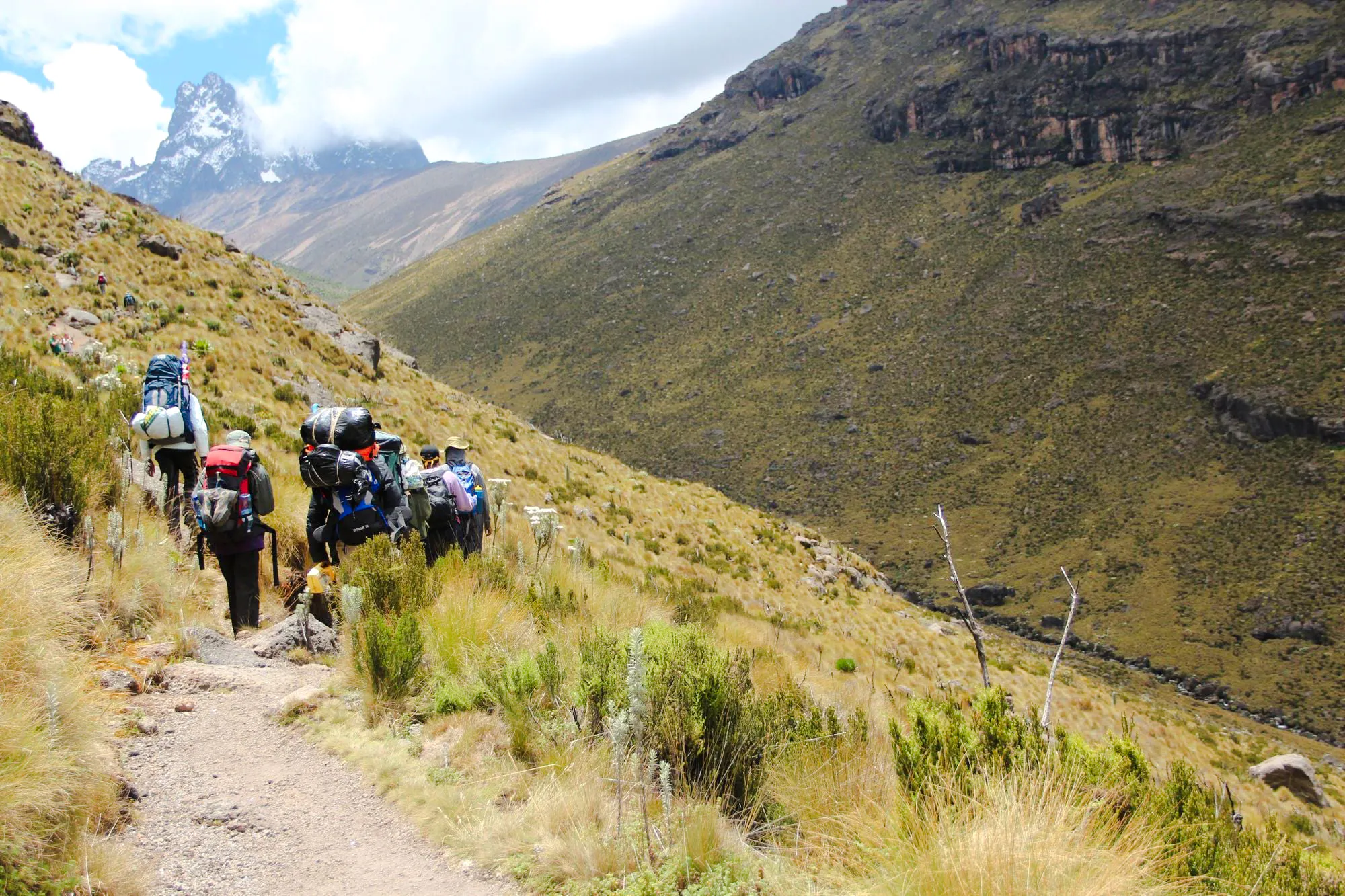 Hikers trekking on a trail with Mount Kenya in the background, lush landscape, Nairobi day tour.