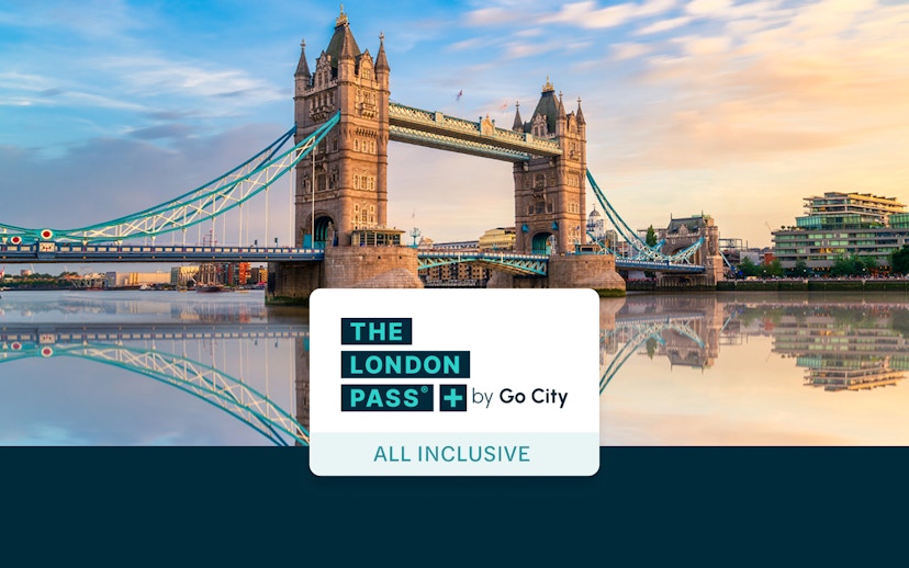 Tower Bridge in London with The London Pass by Go City logo.