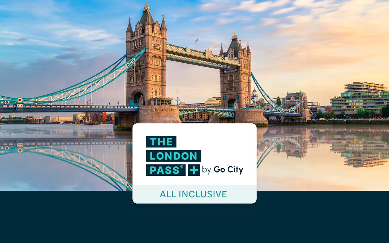 Tower Bridge in London with The London Pass by Go City logo.