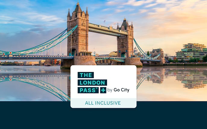 Tower Bridge in London with The London Pass by Go City logo.