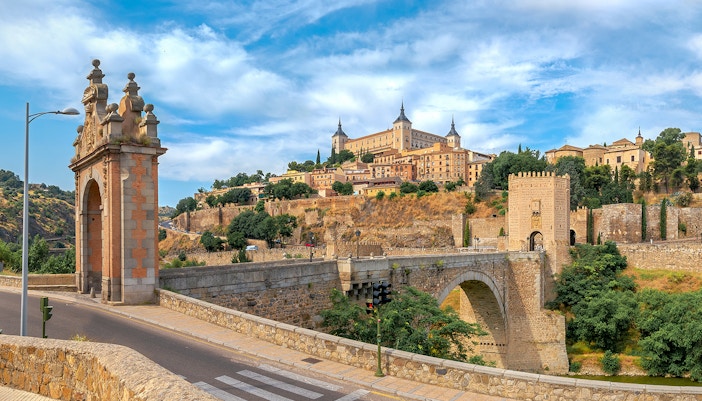 View of Alcazar and San Martin Bridge in Toledo