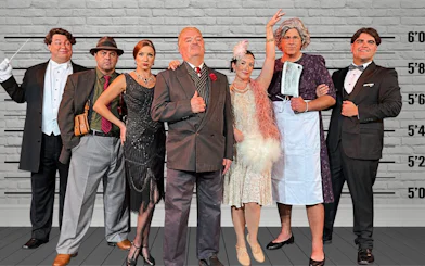 Guests in 1920s attire at Buena Park speakeasy murder mystery dinner show.