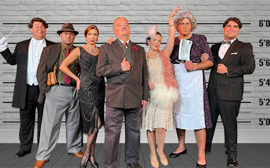 Guests in 1920s attire at Buena Park speakeasy murder mystery dinner show.