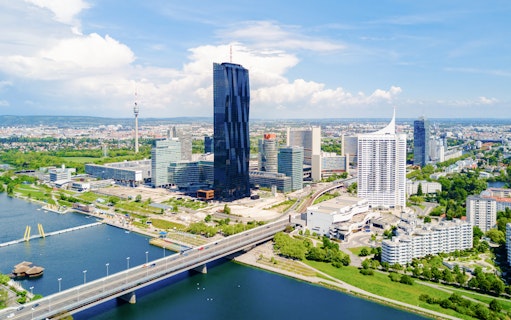 Vienna skyline with DC Tower I and Danube River, Austria.