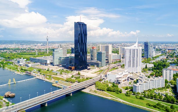 Vienna skyline with DC Tower I and Danube River, Austria.