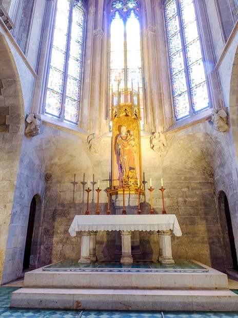 Altar and stained glass windows inside Palma Cathedral, Mallorca.