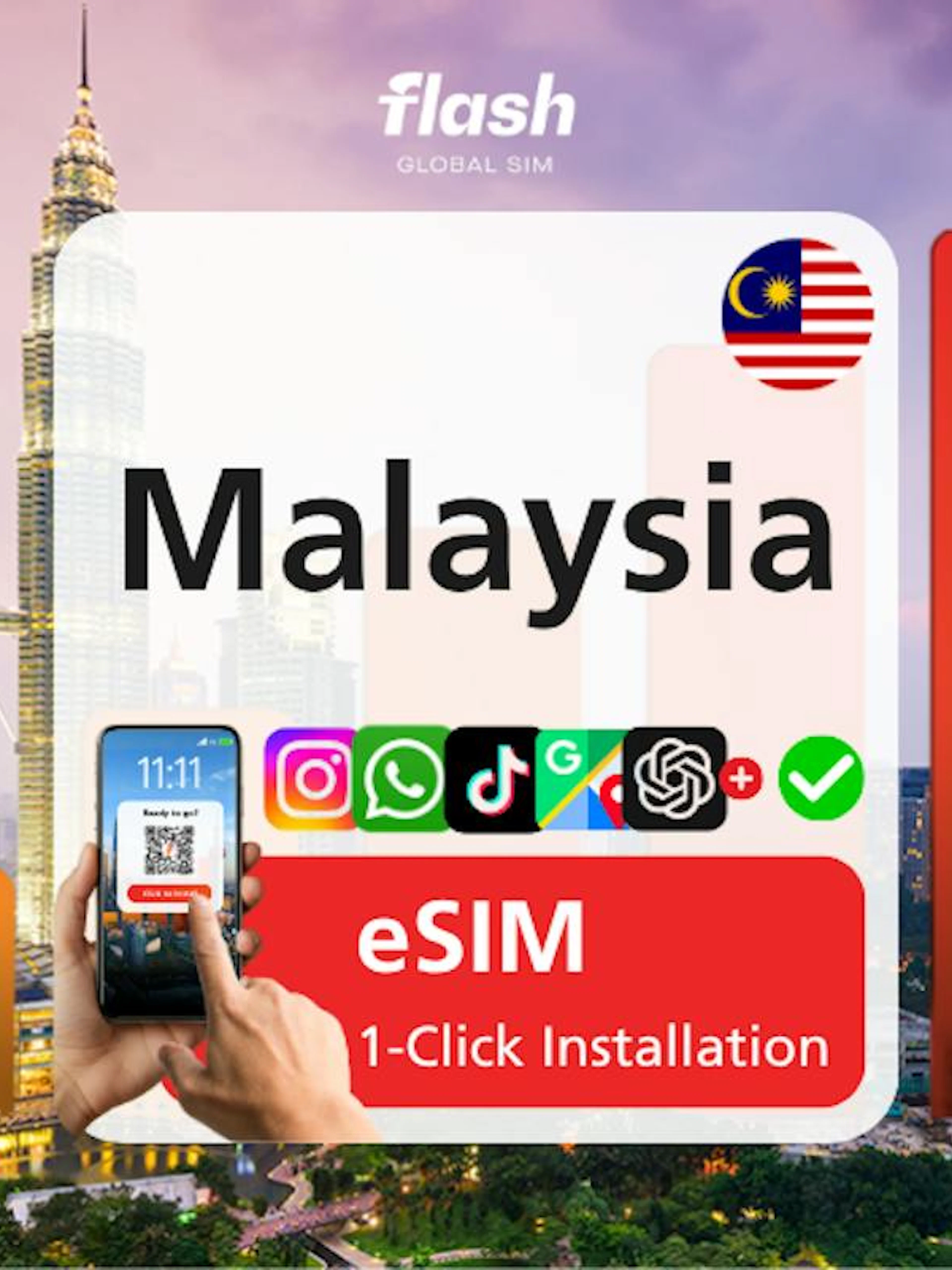 Malaysia eSIM with Unlimited Data, Kuala Lumpur skyline and smartphone installation.