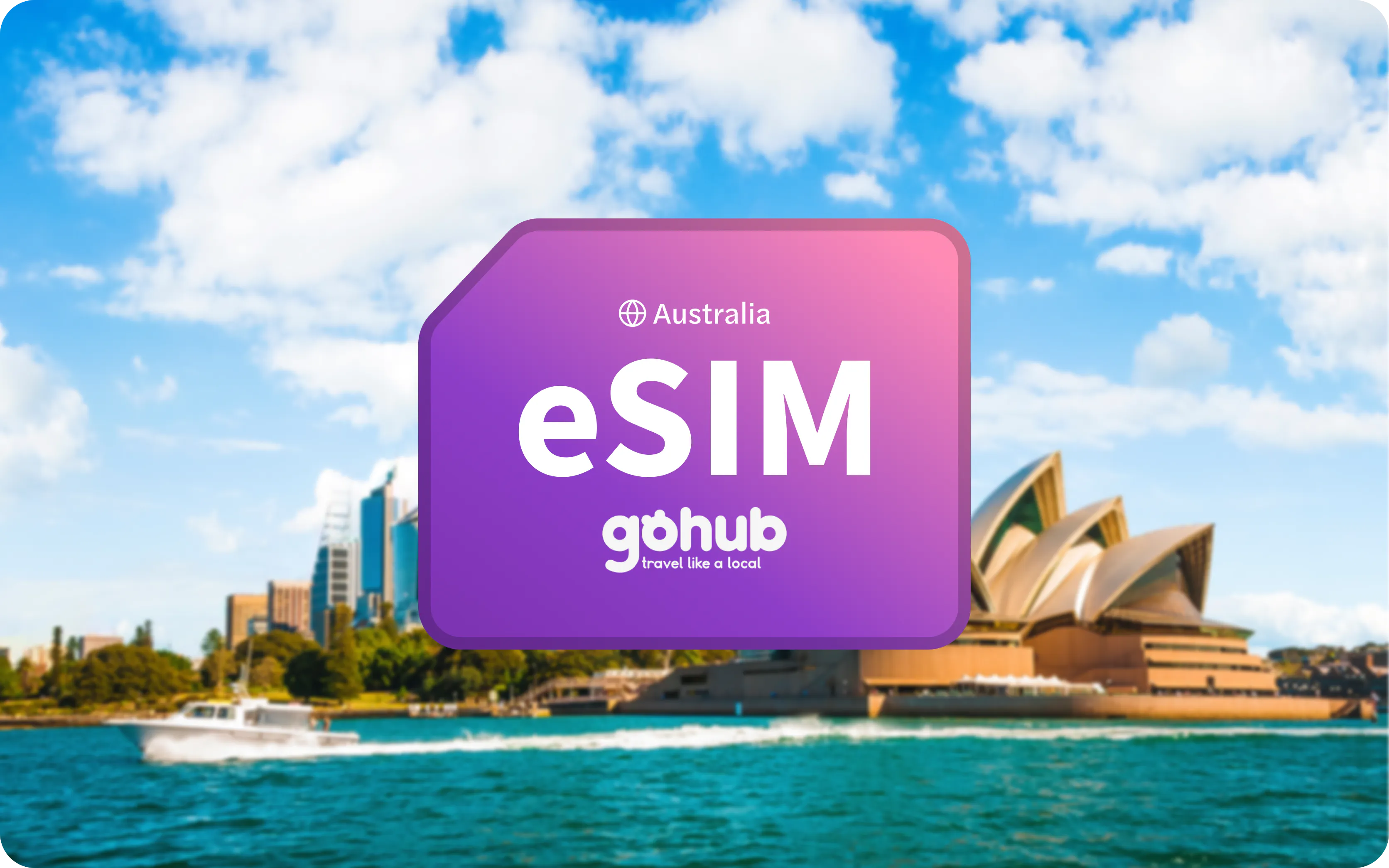 Sydney Opera House and skyline with eSIM card overlay.