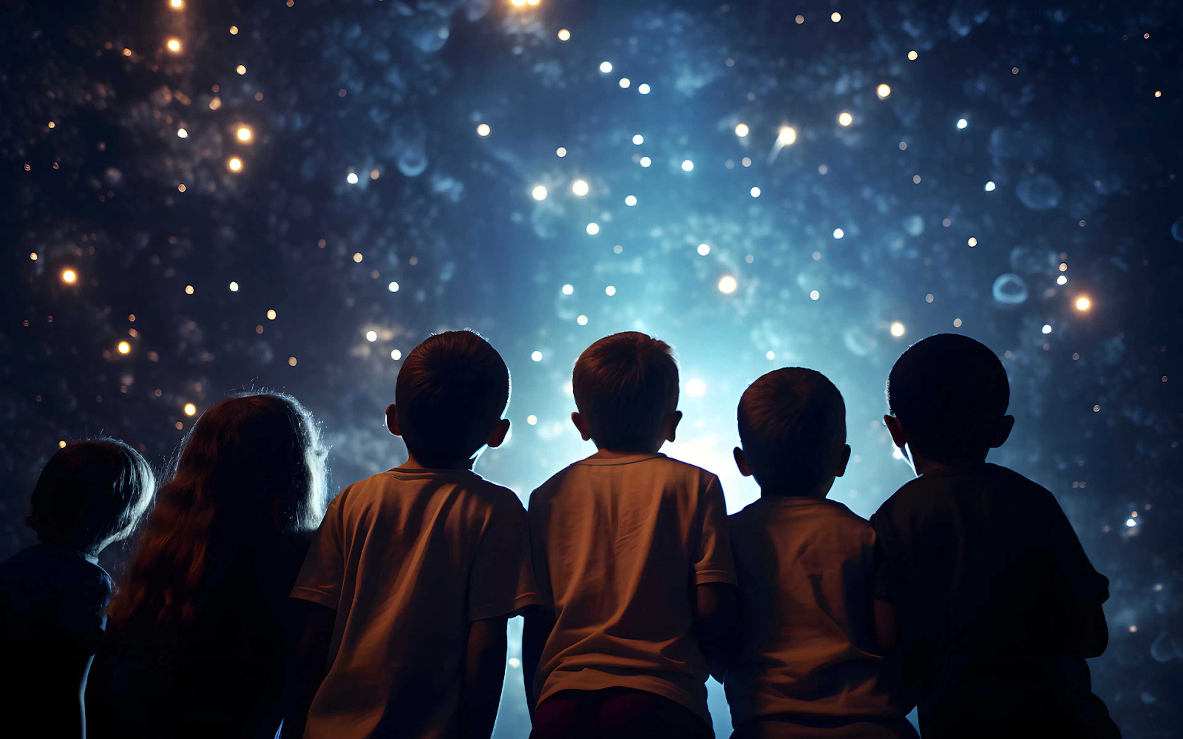 Children gazing at stars inside Peter Harrison Planetarium, Royal Observatory Greenwich.