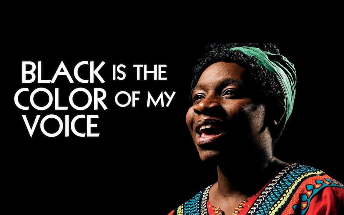 Performer in "Black Is The Color Of My Voice" West End show with title text.