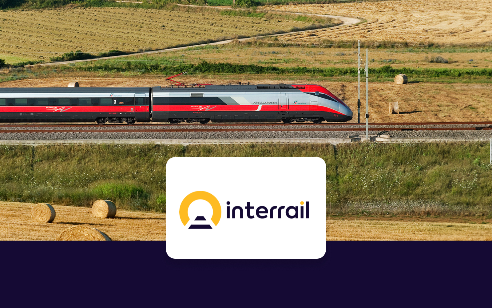 High-speed train traveling through countryside fields, Interrail Global Continuous Pass.