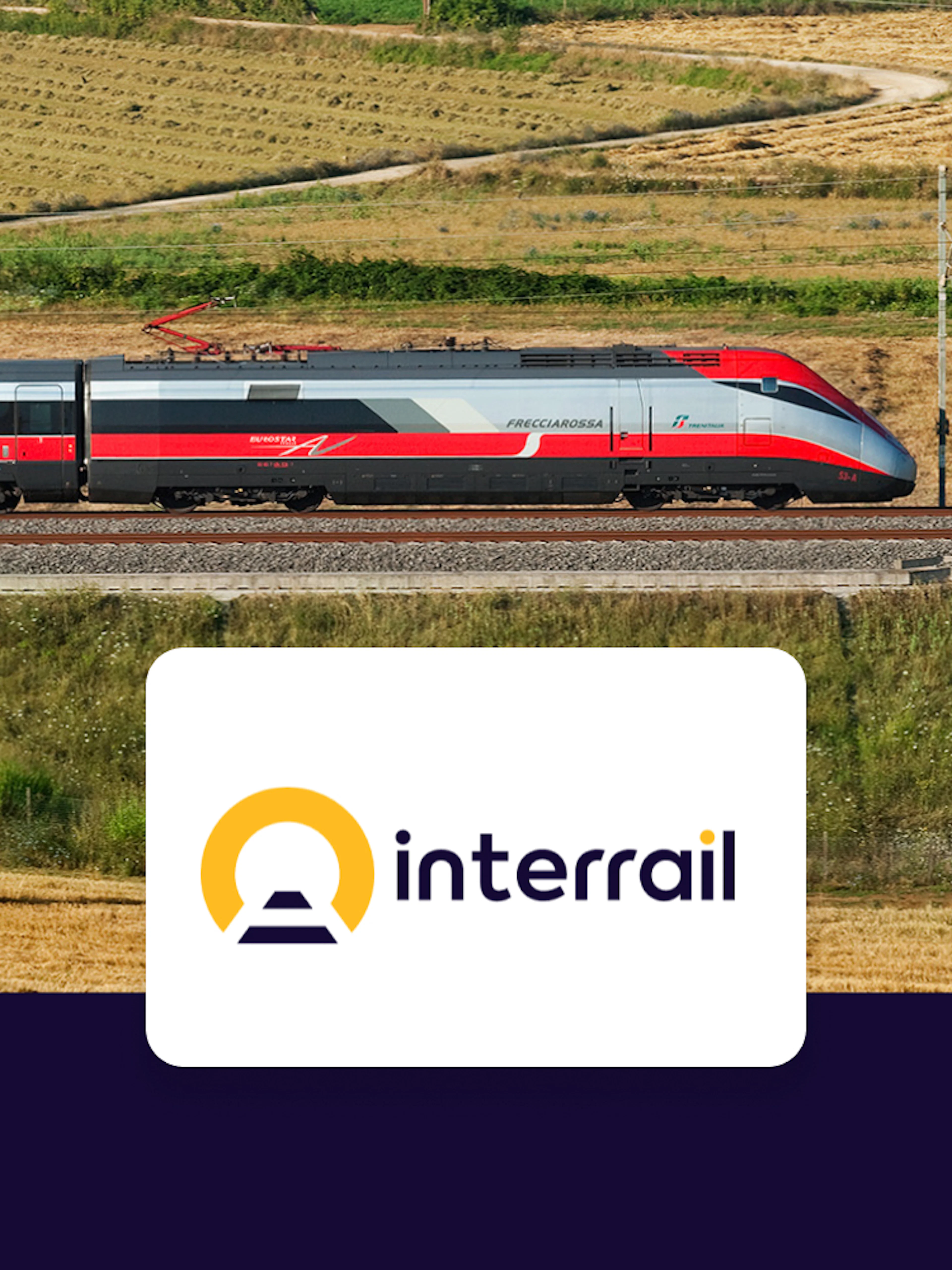 High-speed train traveling through countryside fields, Interrail Global Continuous Pass.