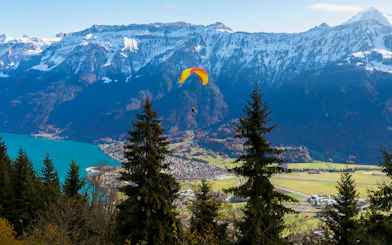 Paraglider soaring over Interlaken with Swiss Alps and Lake Thun in the background.