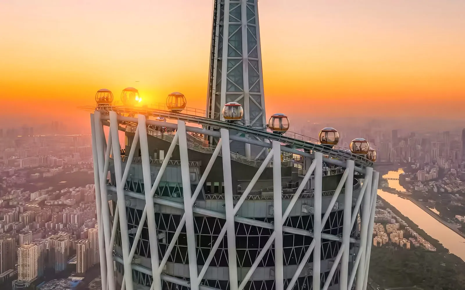Canton Tower observation deck with sunset view in Guangzhou, China.