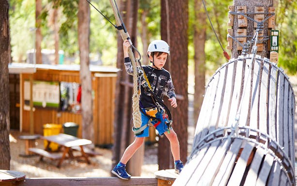 Child navigating ropes course at Ludlow Tuart Forest, Western Australia.