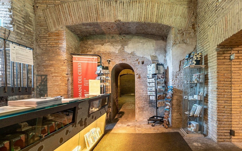 Entrance area of Roman Houses of the Celio Hill Underground with brochures and displays.