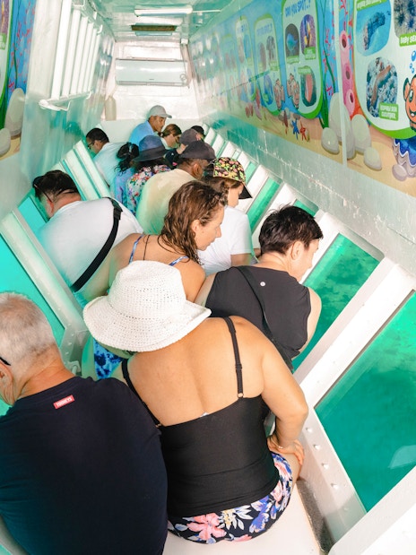 People viewing marine life through windows in a semi-submarine, South Sea Island, Fiji.