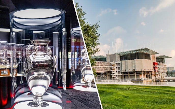 SL Benfica Stadium trophy display and exterior of Lisboa's Oceanário.