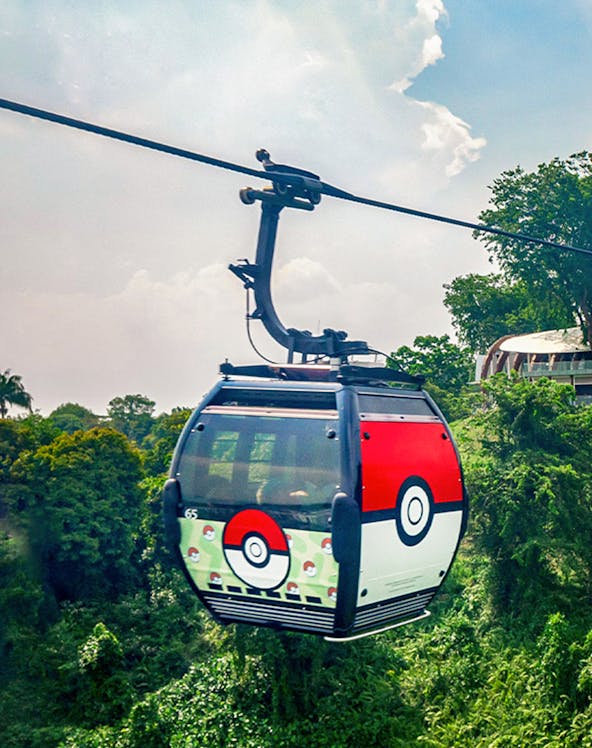 Singapore Cable Car themed with Pokémon design heading to Mount Faber Peak station.