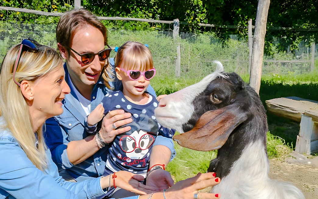 Tourists interacting with a goat at Oltremare Park.
