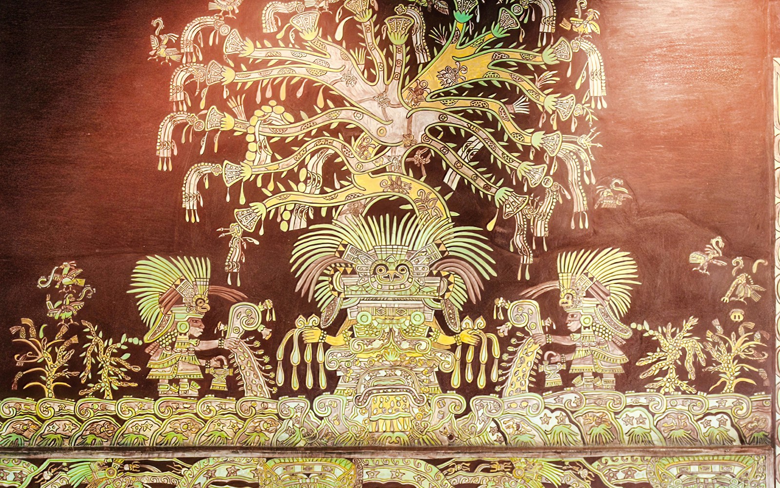 Teotihuacan wall painting fragments depicting the Great Goddess, Mexico.