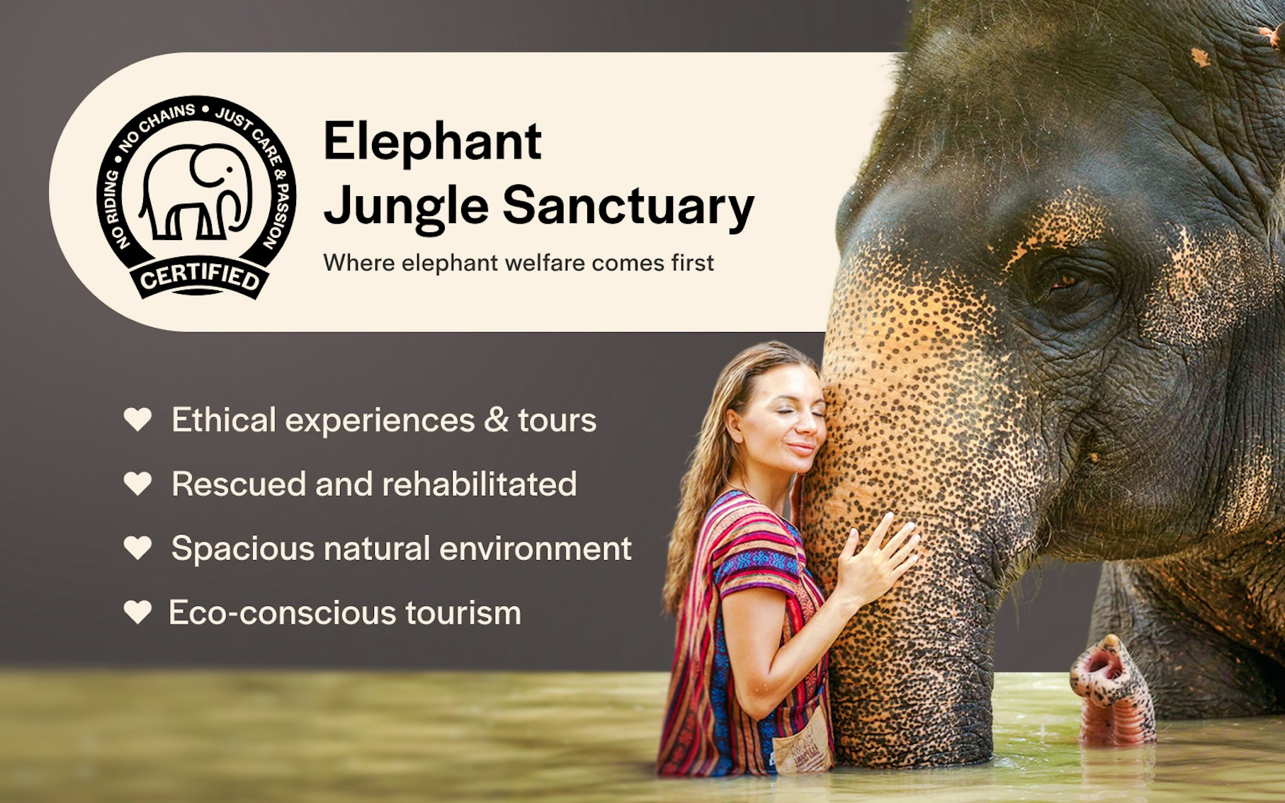 Woman interacting with an elephant at an ethical jungle sanctuary, promoting eco-conscious tourism.