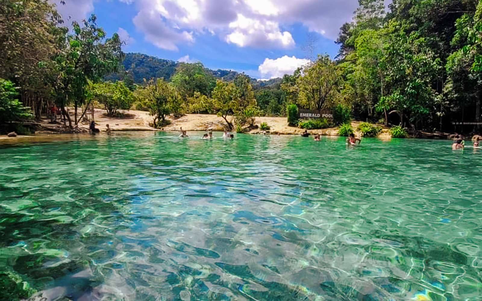 Visitors swimming in the clear waters of Pita Village's Emerald Pool surrounded by lush greenery.