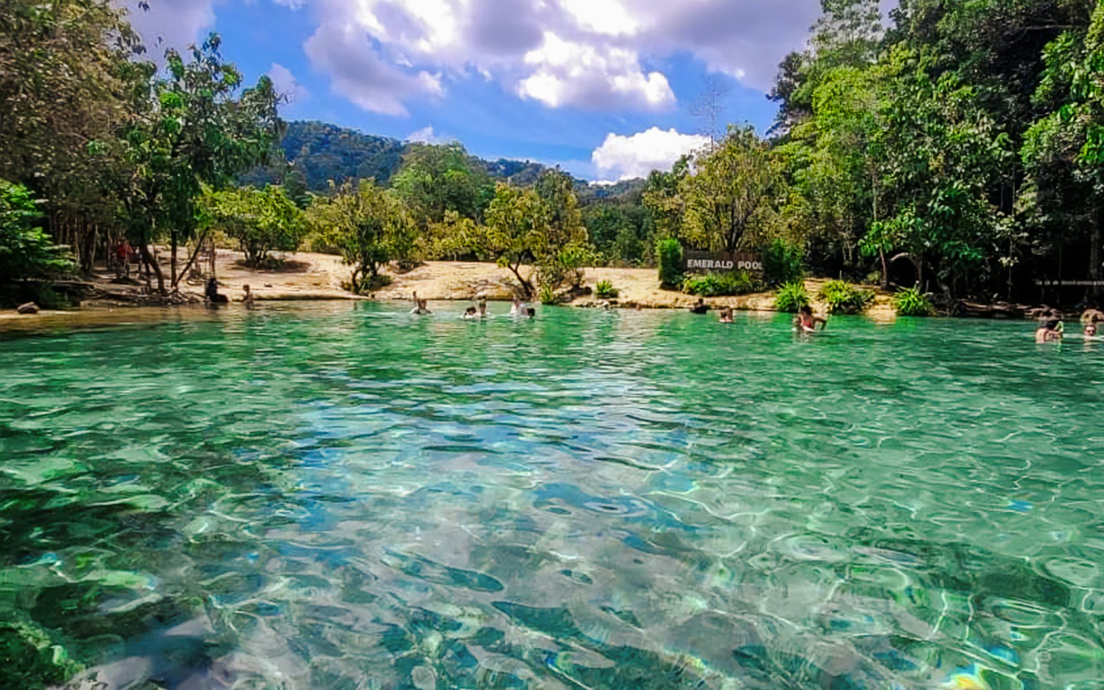 Visitors swimming in the clear waters of Pita Village's Emerald Pool surrounded by lush greenery.