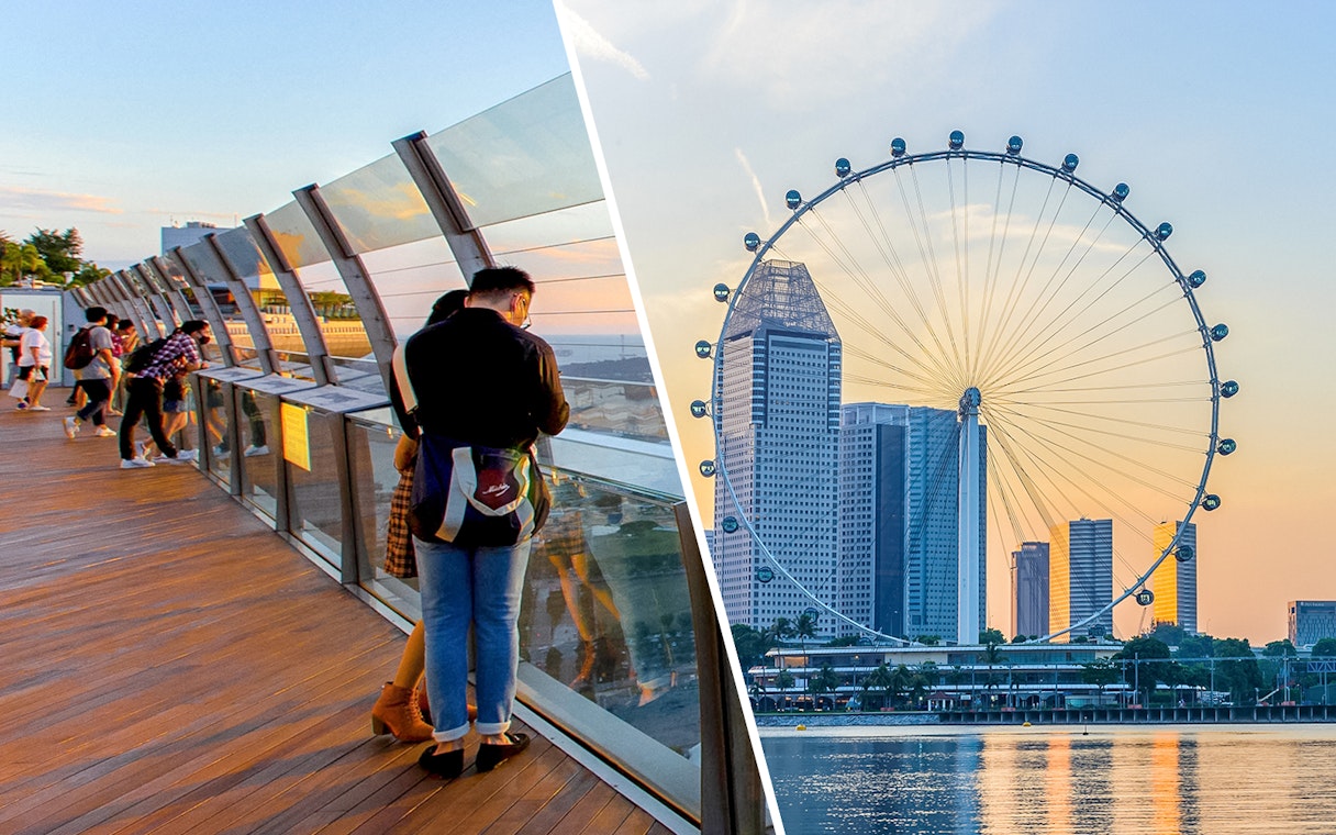 Marina Bay Sands SkyPark deck and Singapore Flyer at sunset, Singapore.