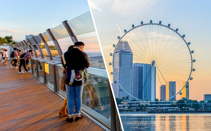 Marina Bay Sands SkyPark deck and Singapore Flyer at sunset, Singapore.