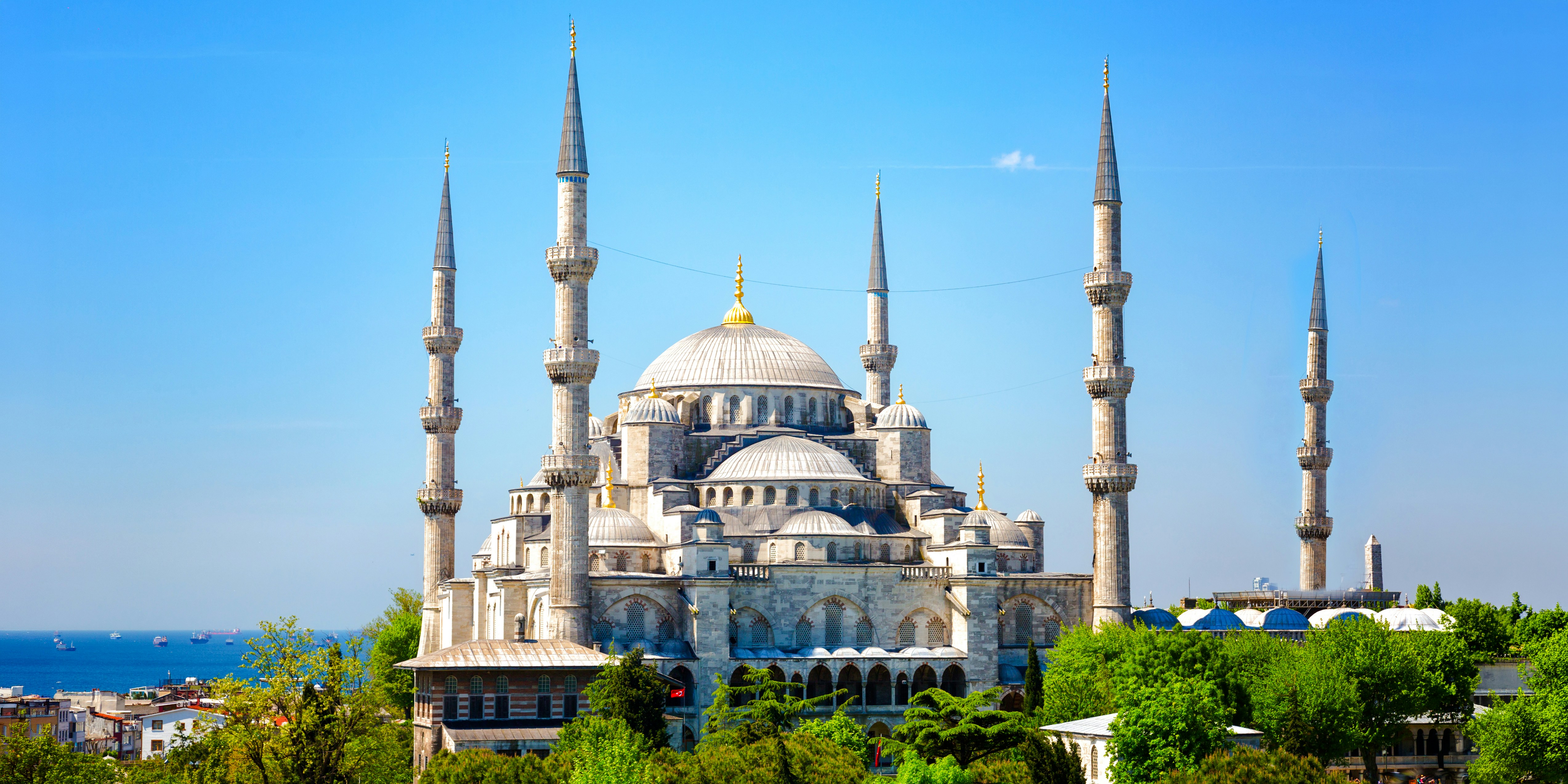 Sultan Ahmed Mosque with minarets in Istanbul, Turkey, overlooking the Bosphorus.