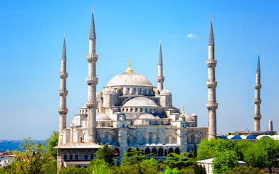 Sultan Ahmed Mosque with minarets in Istanbul, Turkey, overlooking the Bosphorus.