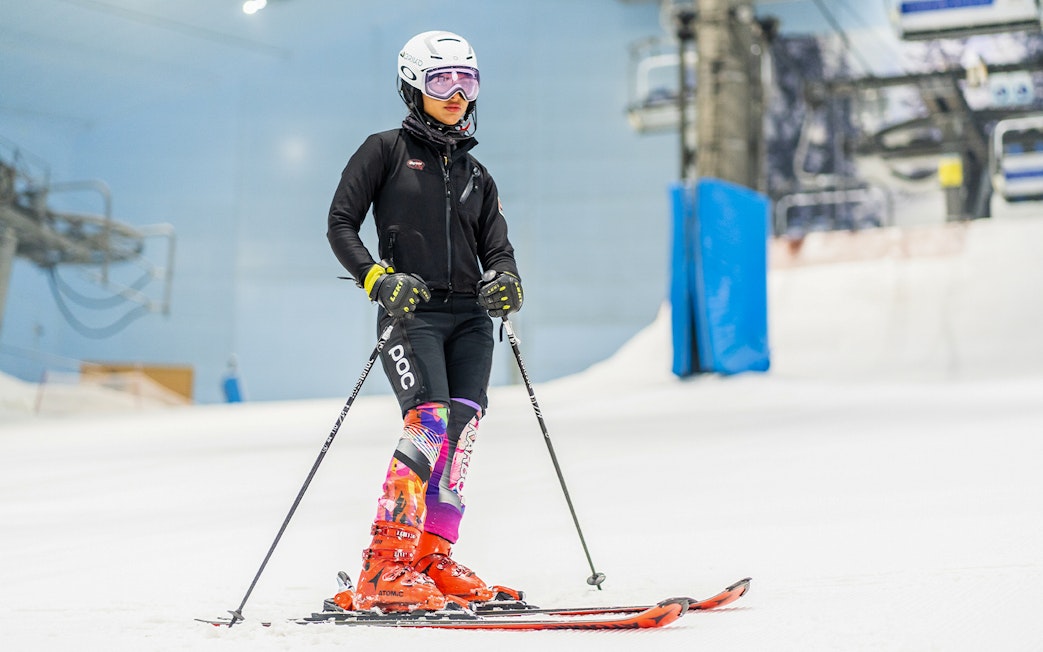 Skier on indoor slope at Ski Dubai during full day session.