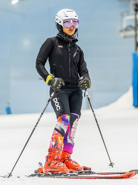 Skier on indoor slope at Ski Dubai during full day session.