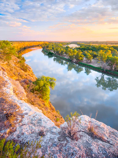 Murray River view with cliffs and trees at sunset, Australia.