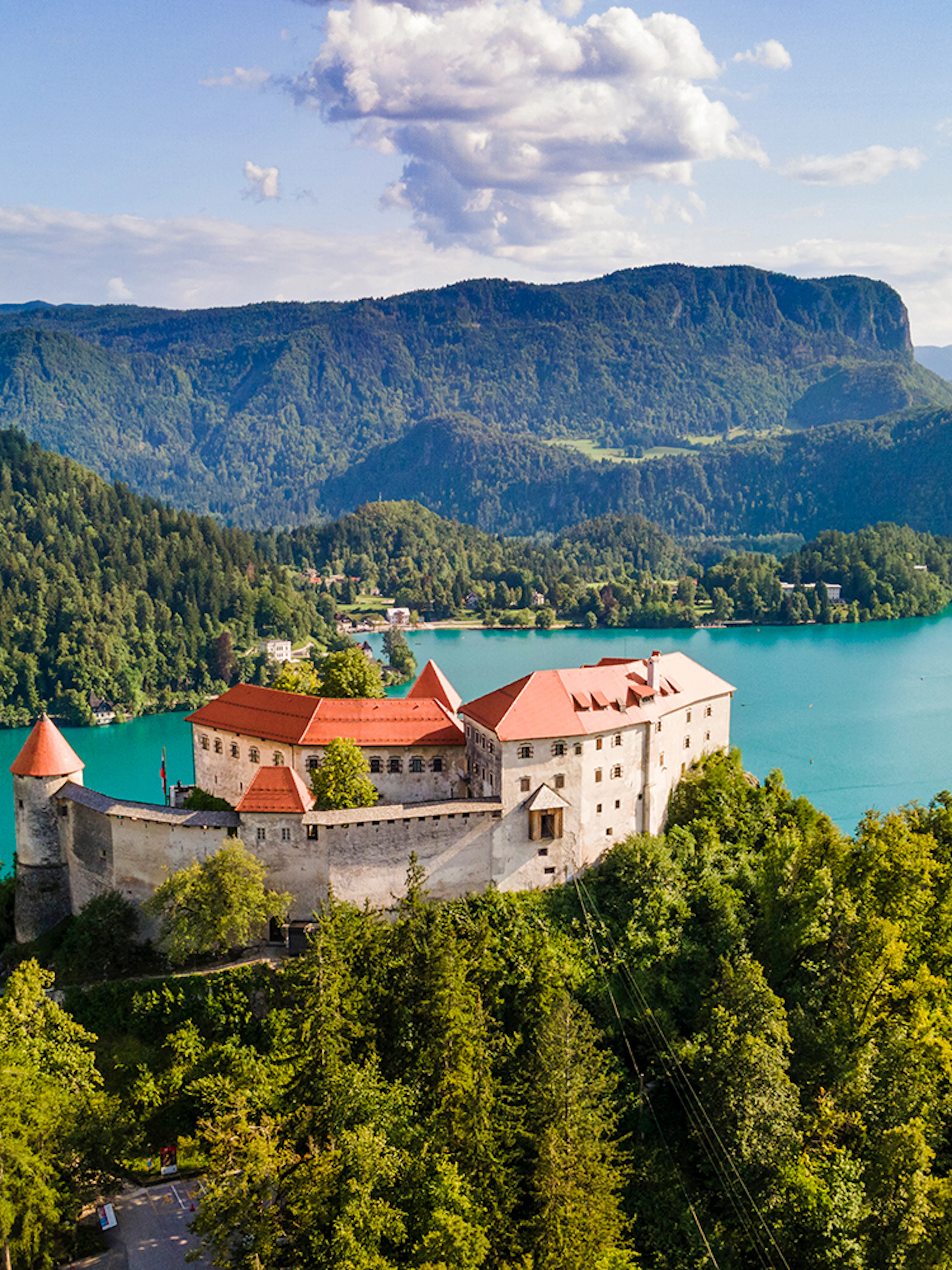 Bled Castle overlooking Lake Bled with surrounding forest and mountains in Slovenia.