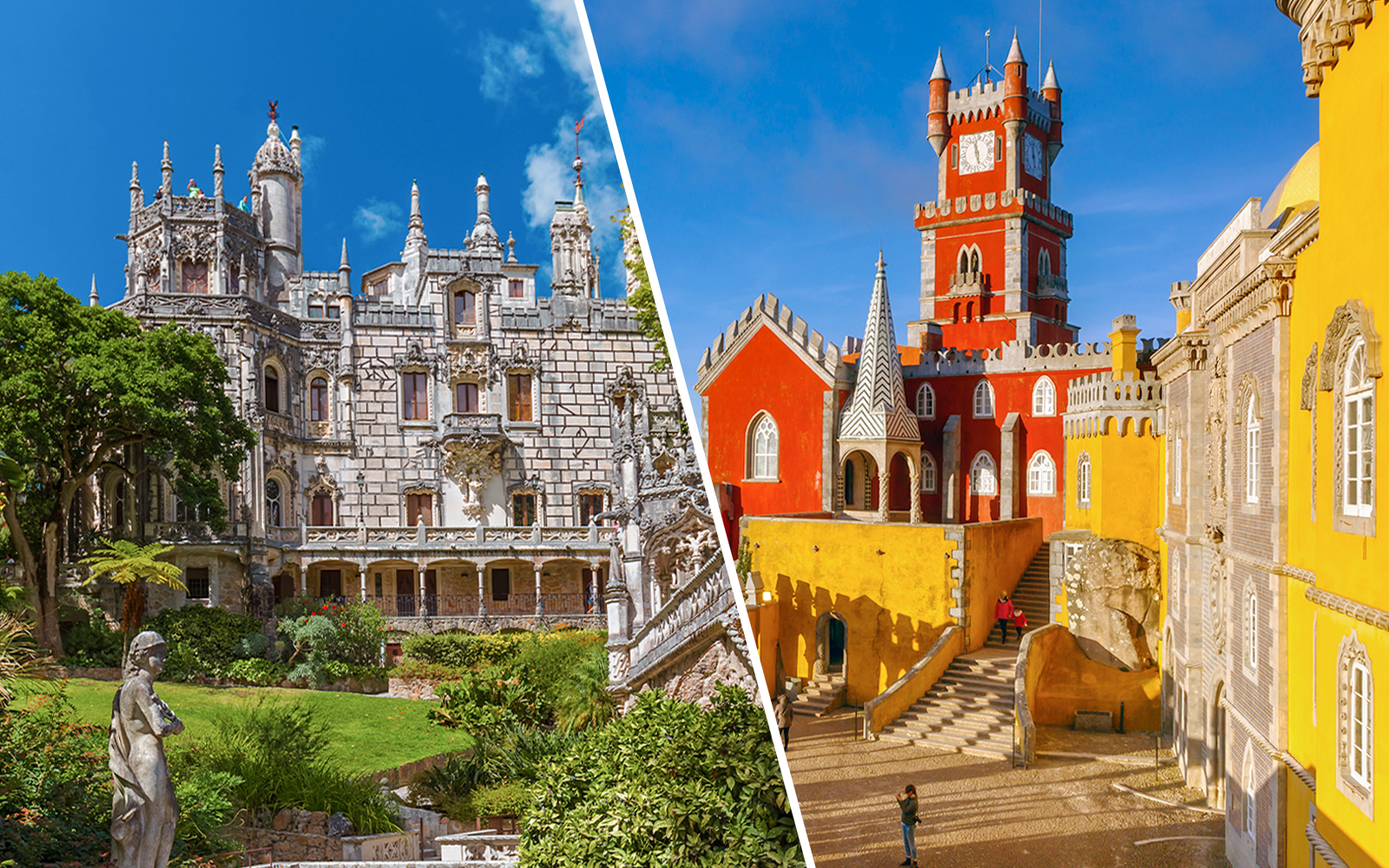 Quinta da Regaleira and Pena Palace in Sintra, Portugal, showcasing unique architecture and lush gardens.