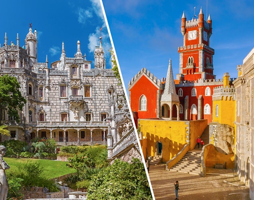 Quinta da Regaleira and Pena Palace in Sintra, Portugal, showcasing unique architecture and lush gardens.