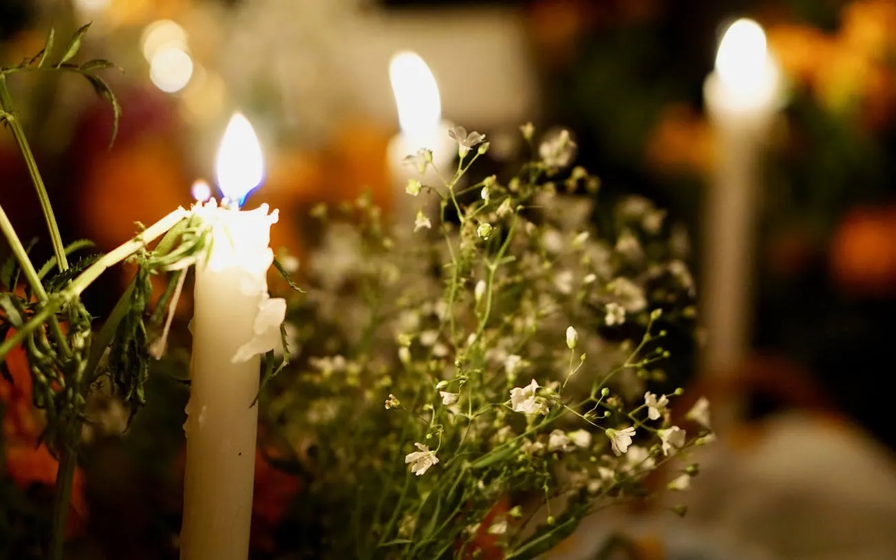 Candles and flowers at Mixquic Day of the Dead celebration.