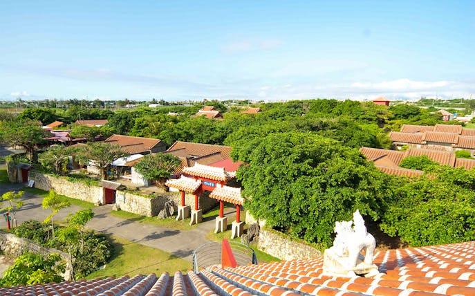 Murasaki Mura Ryukyu Kingdom Theme Park with traditional red-tiled roofs and lush greenery.