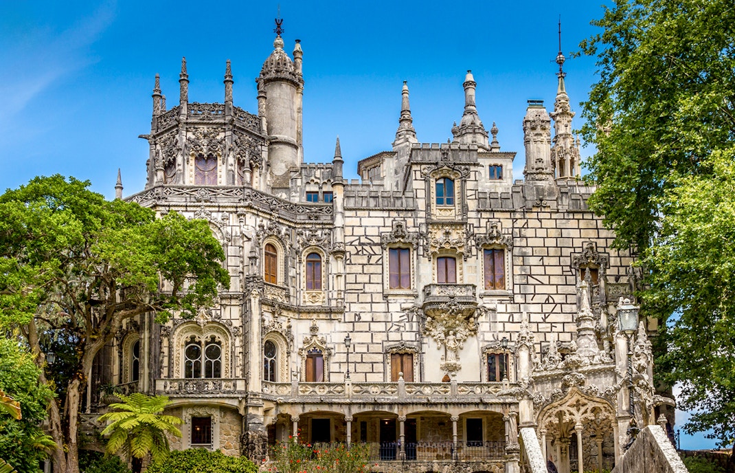 Quinta da Regaleira front view with ornate architecture in Sintra, Portugal.