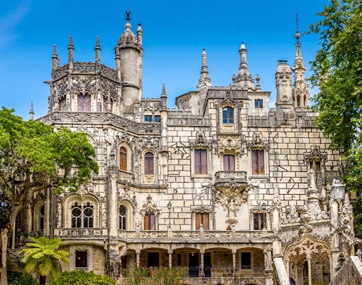 Quinta da Regaleira front view with ornate architecture in Sintra, Portugal.