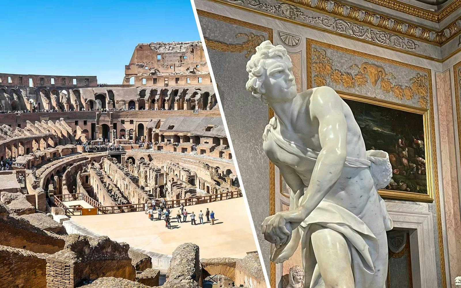 Colosseum interior and Borghese Gallery sculpture in Rome.