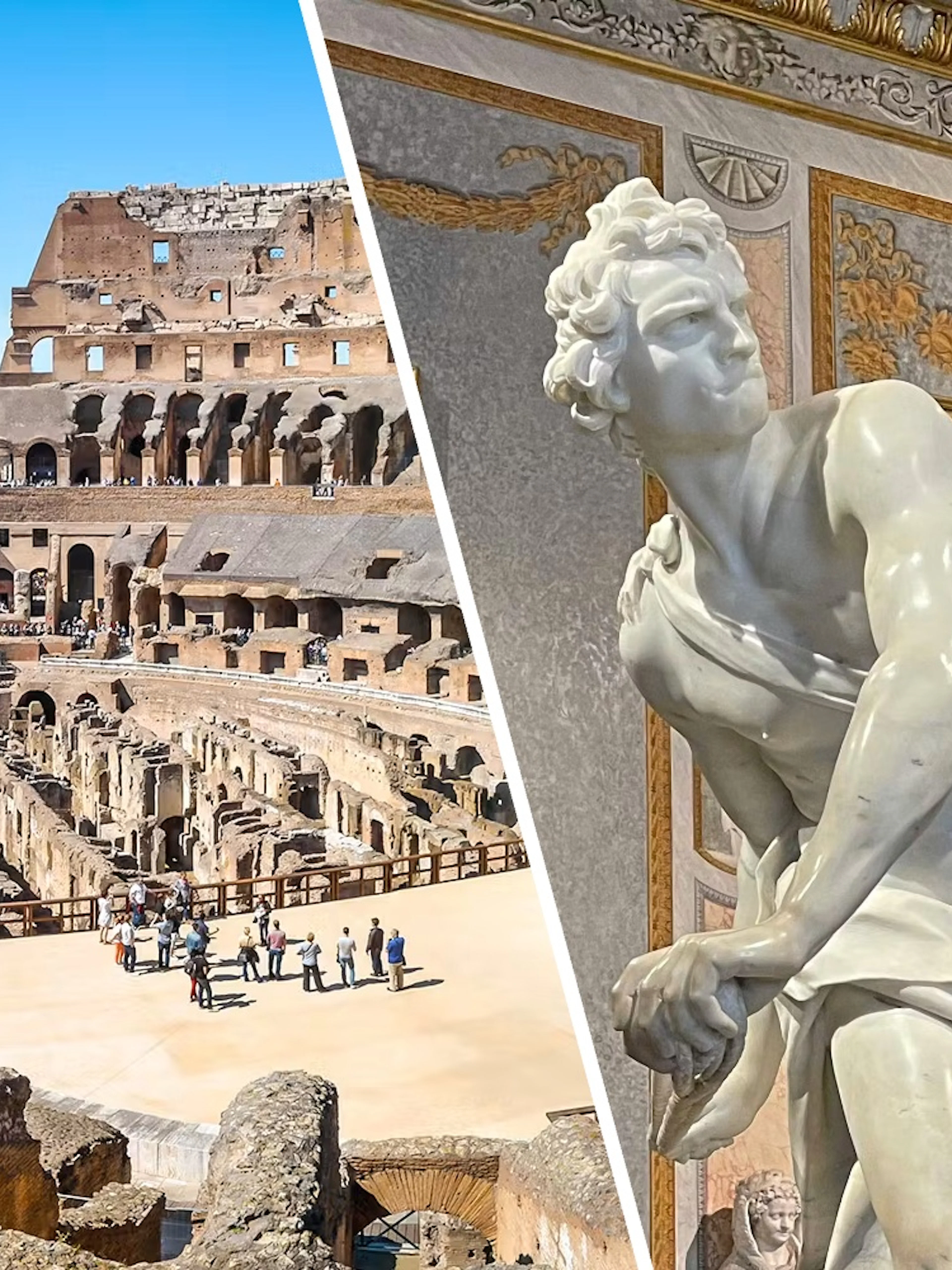 Colosseum interior and Borghese Gallery sculpture in Rome.